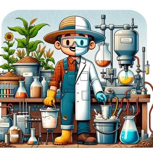 dibujo de un medio agricultor medio químico sonriendo