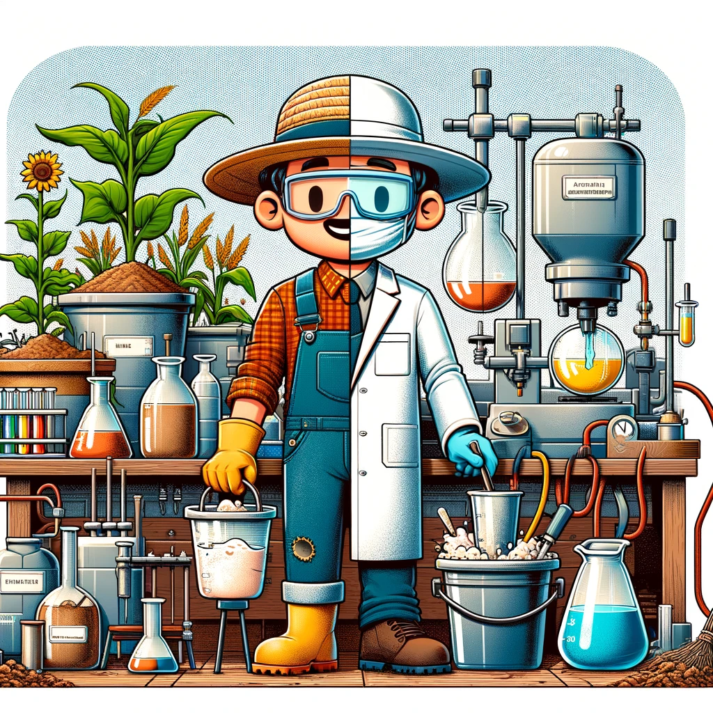 dibujo de un medio agricultor medio químico sonriendo